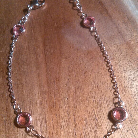 Beveled Pink Glass Ion Plated Rose Gold Stainless Steel Station Bracelet - Picture 4 of 10